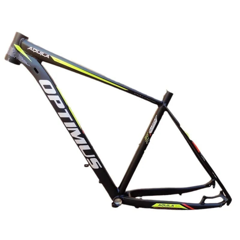 29-inch black green aluminium mountain bike frame with disc brake mounts and inner cable routing