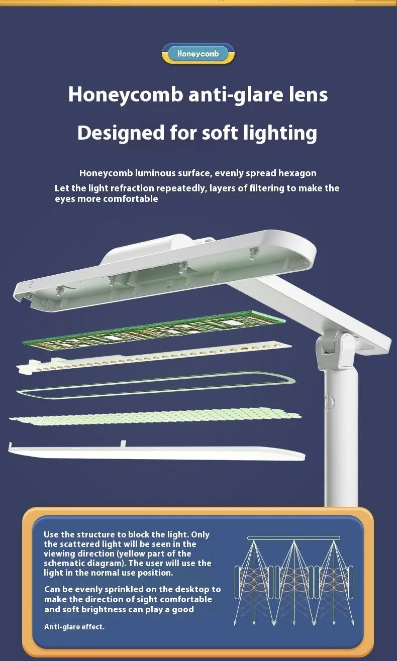 Adjustable desk lamp with integrated bookshelf showing three colour temperature settings and USB charging port