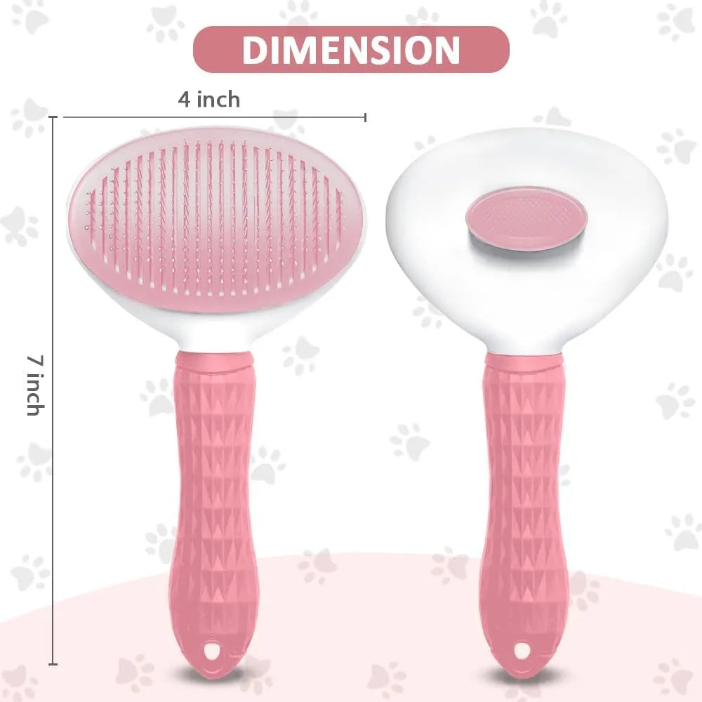 Blue cat grooming brush with a release button for removing collected pet hair.
