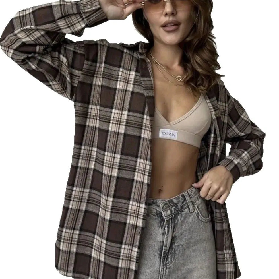 Dark brown retro striped women's shirt with collage stitching detail on the front, long sleeves.