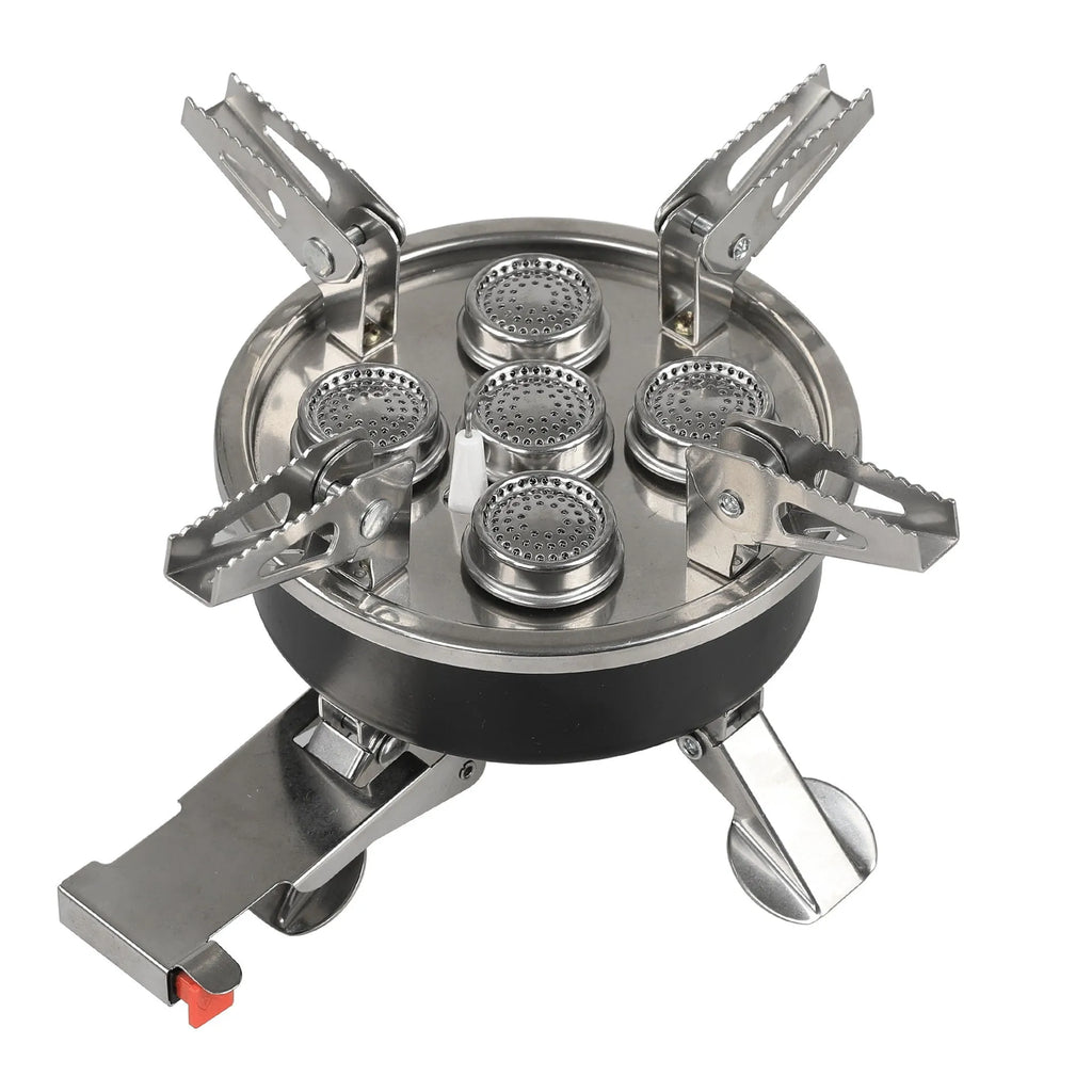 Silver folding stainless steel split camping stove with copper fittings and extended hose