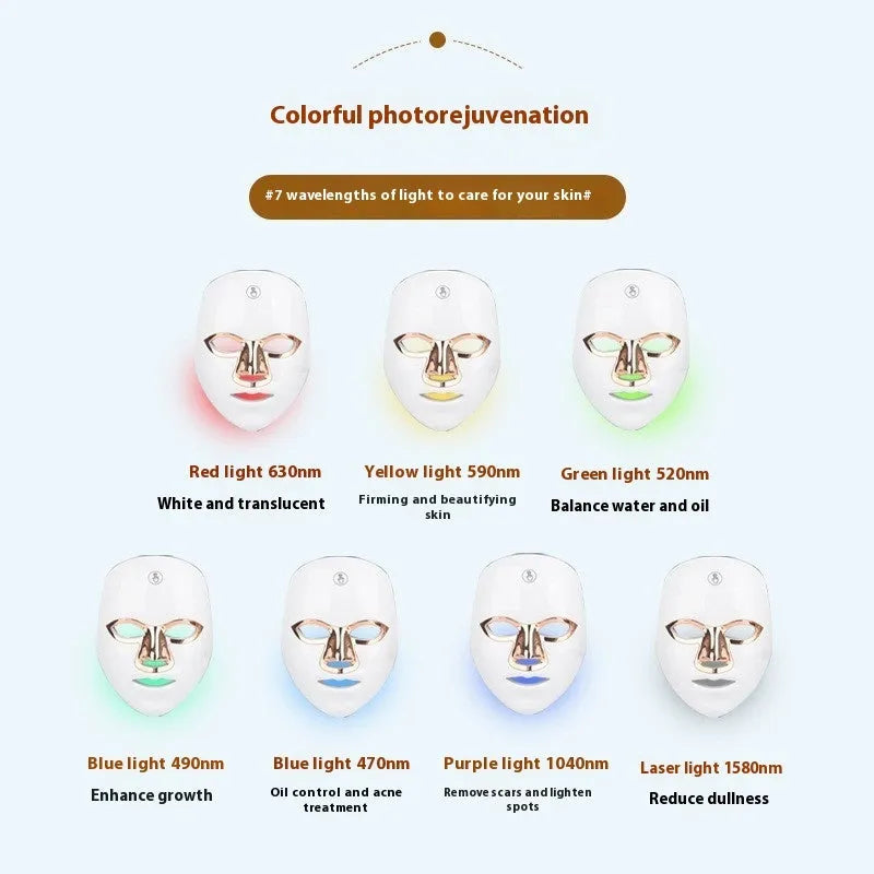 Rechargeable LED beauty mask with touch controls in white and gold colour.