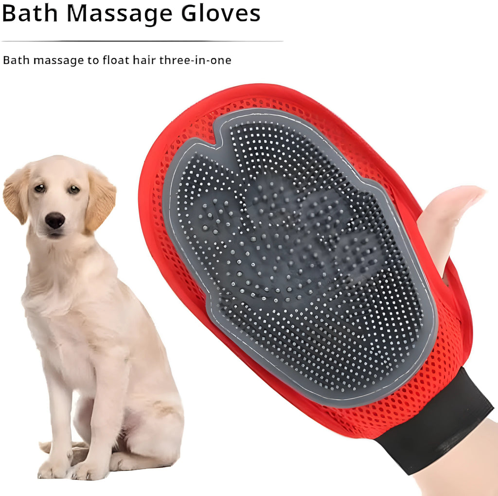 Red pet bathing glove with silicone brush bristles for dog and cat grooming during washing