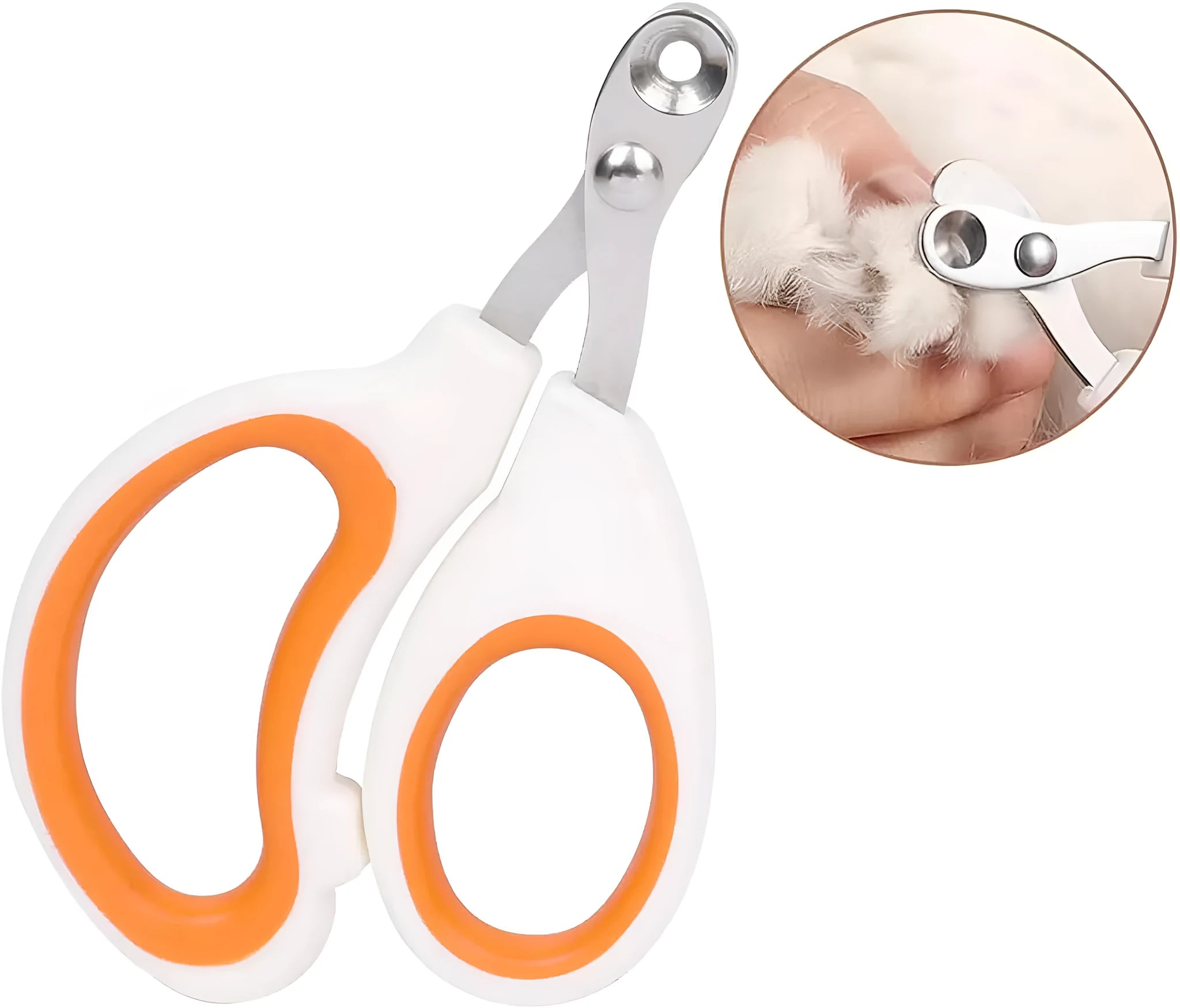 Blue pet nail clippers with circular cutting hole and non-slip handles on a white background.