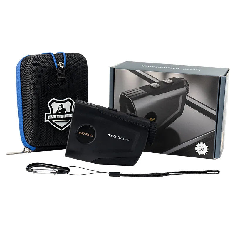 Rechargeable golf laser rangefinder distance meter showing LCD display with yard measurement