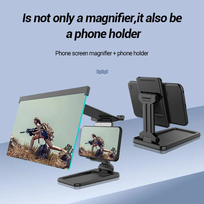 Black folding mobile phone screen amplifier with detachable holder showing 12-inch curved display