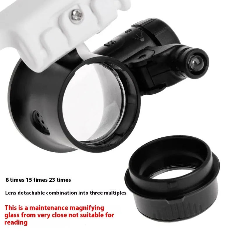 White head mounted magnifying glass with 30x optical glass lens and LED light for repair work