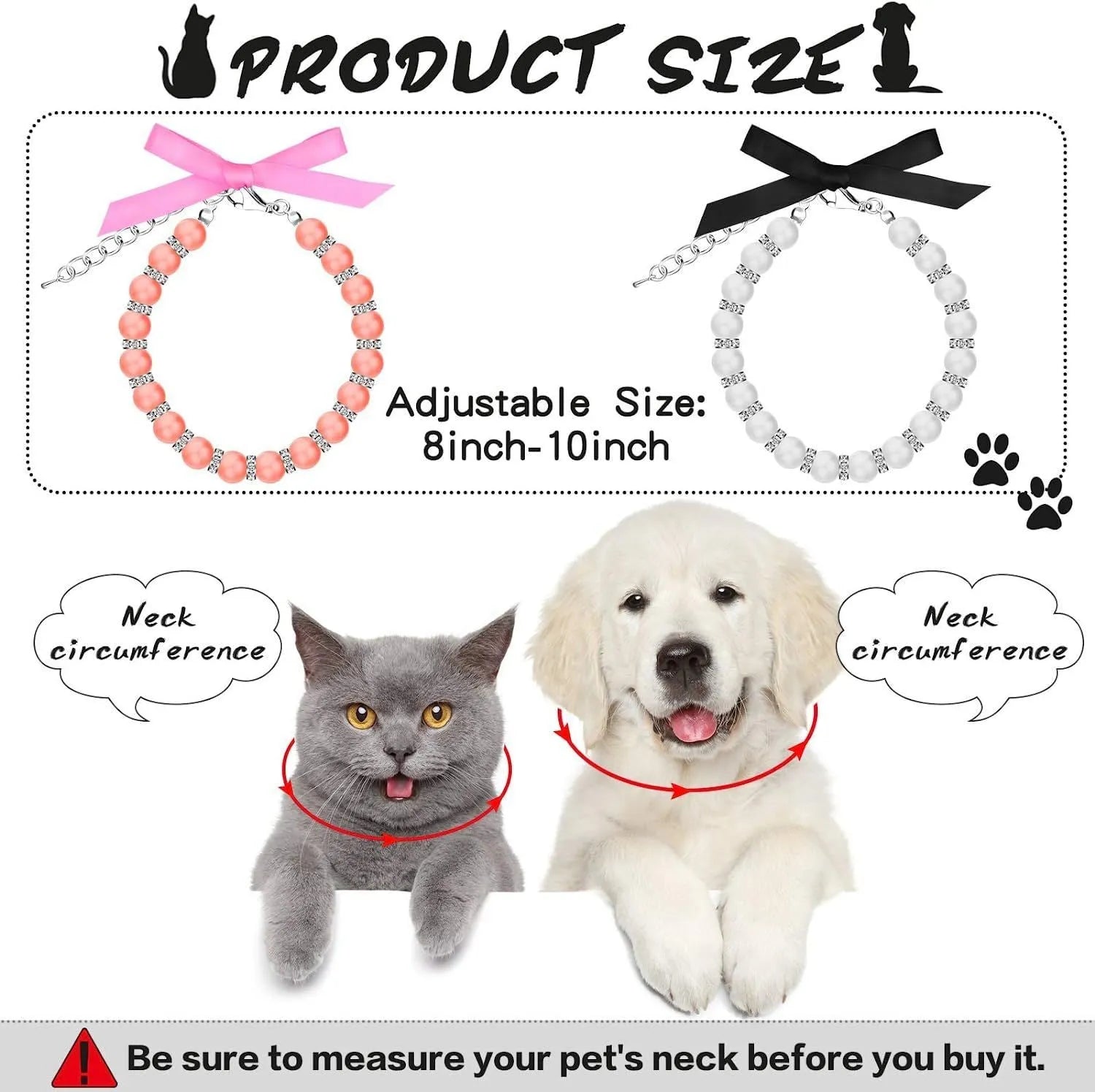 Small dog wearing adjustable pearl necklace with rhinestones and ribbon bow decorative collar