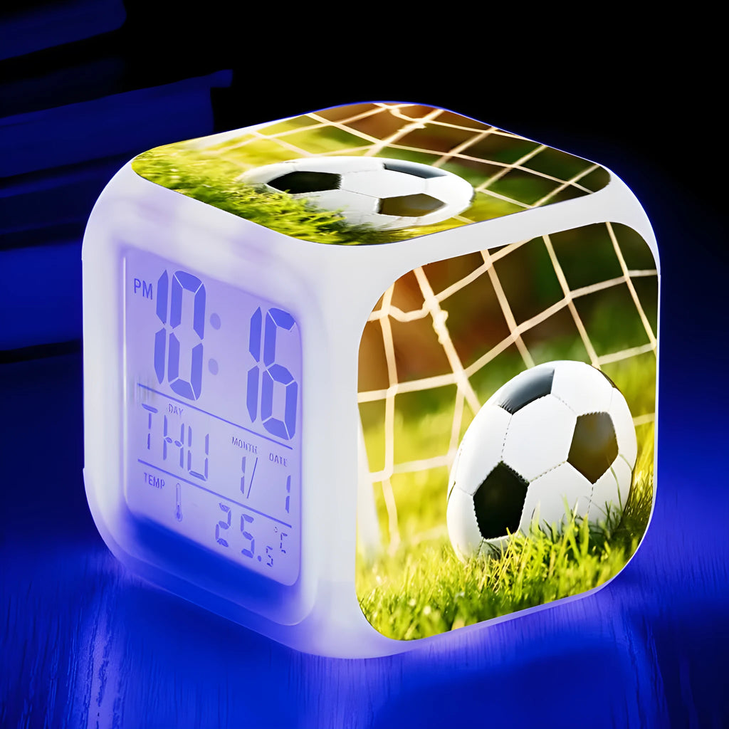 Square football pattern alarm clock with cartoon styling and mute alarm function