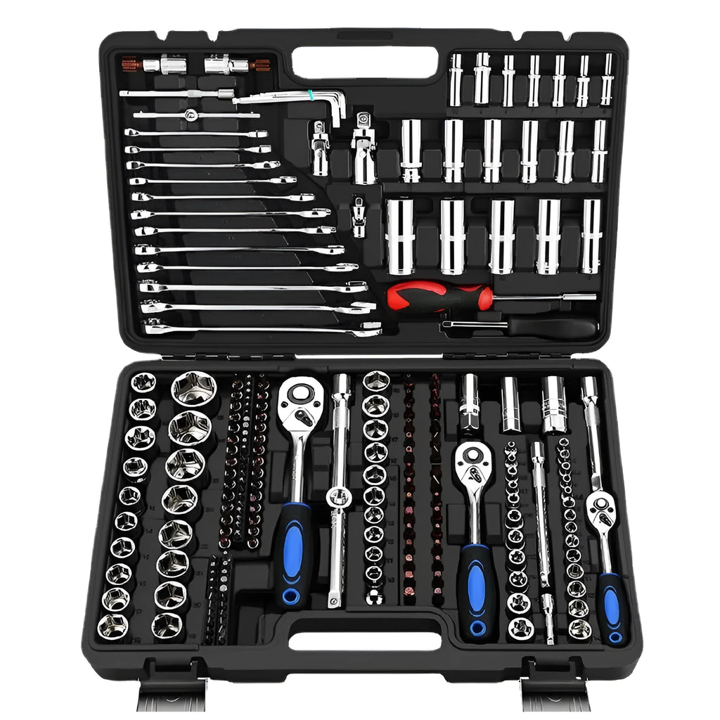 Cr-V chromium vanadium steel socket ratchet wrench set for home and auto repair in a case.