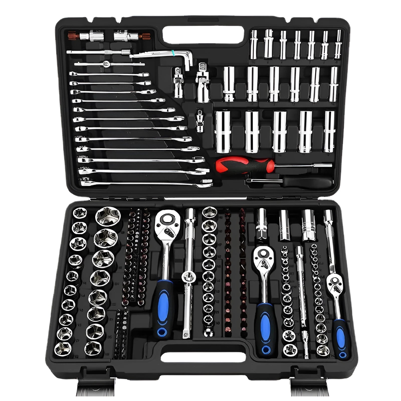 Cr-V chromium vanadium steel socket ratchet wrench set for home and auto repair in a case.