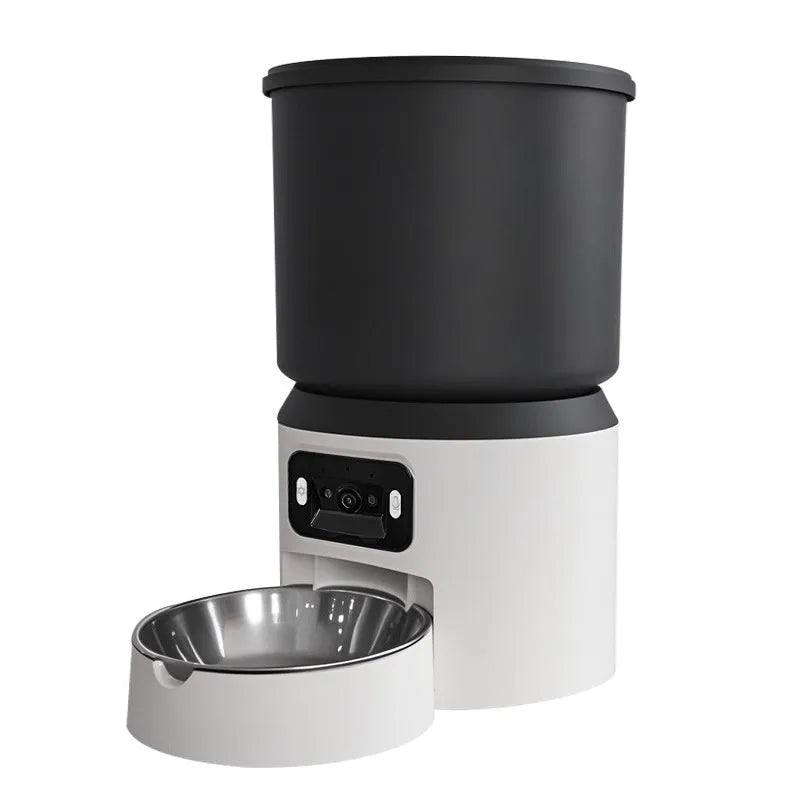 4L smart pet feeder with Wi-Fi and camera on floor next to cat, showing mobile app control interface.