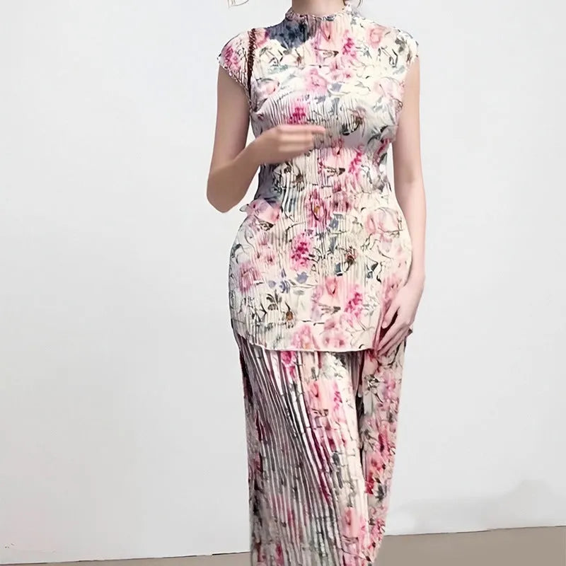 Long sleeve floral print chiffon top and high-waist skirt two-piece dress set on a hanger