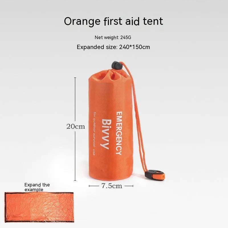 Orange portable disaster relief tent kit with sleeping bag and emergency blanket for outdoor emergencies