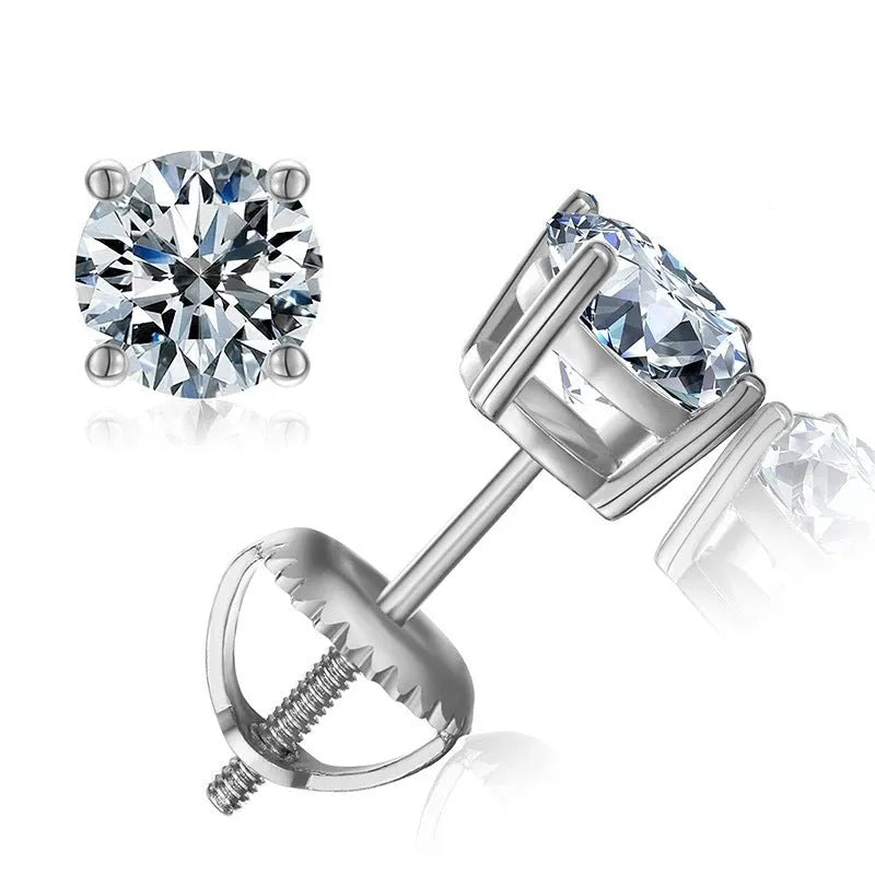 Silver electroplated moissanite screw back stud earrings with four-claw setting and geometric shape