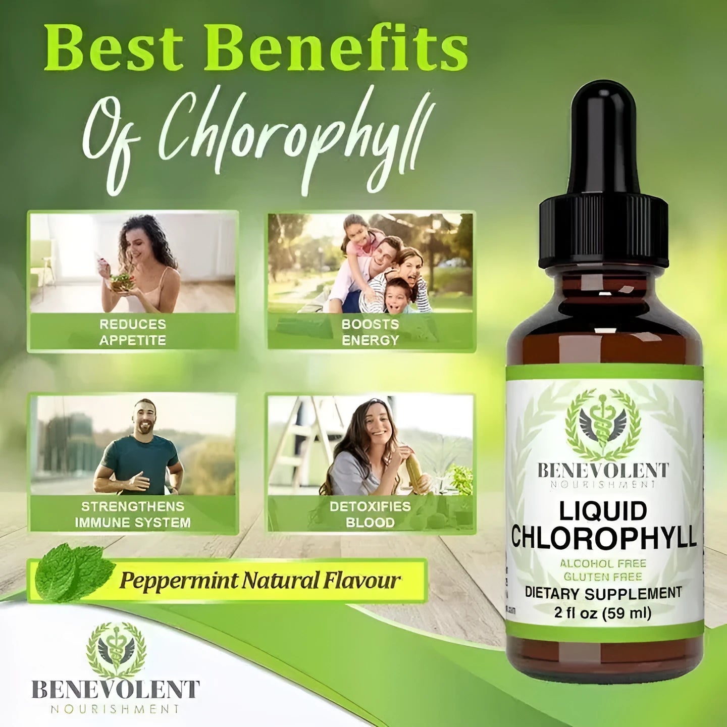 60ml bottle of natural liquid chlorophyll drops for adult dietary supplement use.