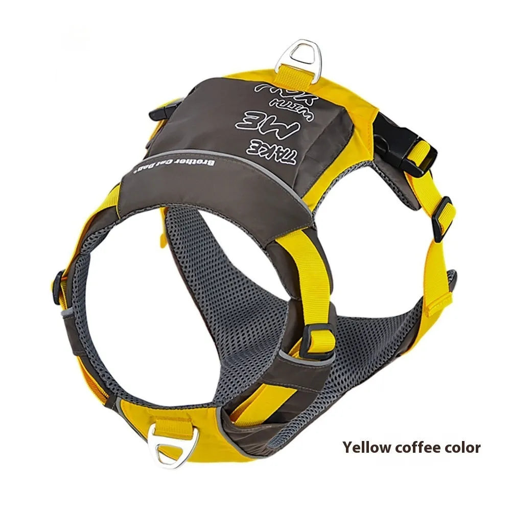 Dog chest strap harness with hand rope in vest style design available in orange blue or yellow brown colours