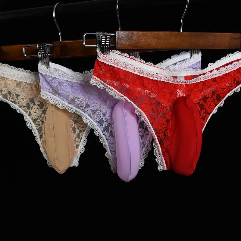 Qing He men's briefs with vertical bag design in lace or shiny fabric, low waist style