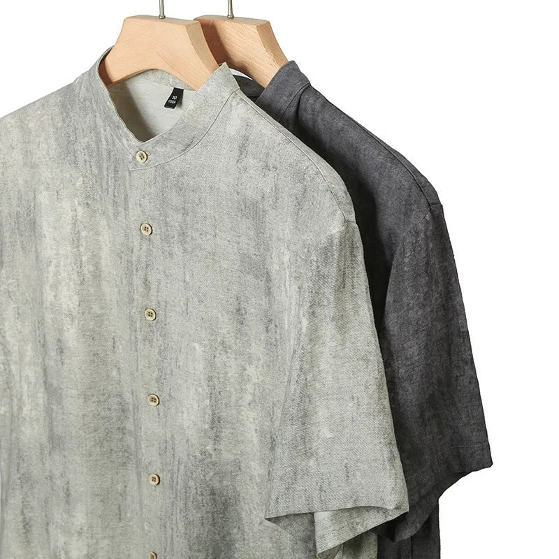 Men's loose-fit linen cardigan-style short sleeve shirt in solid black grey colour.