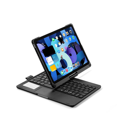 360-degree rotating Bluetooth keyboard with touch backlight for iPad in black, silver, or rose gold