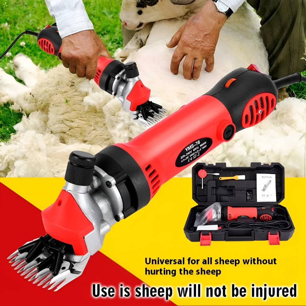 Yellow electric wool shearing tool with 110V plug and multiple knife sets in a plastic storage case.
