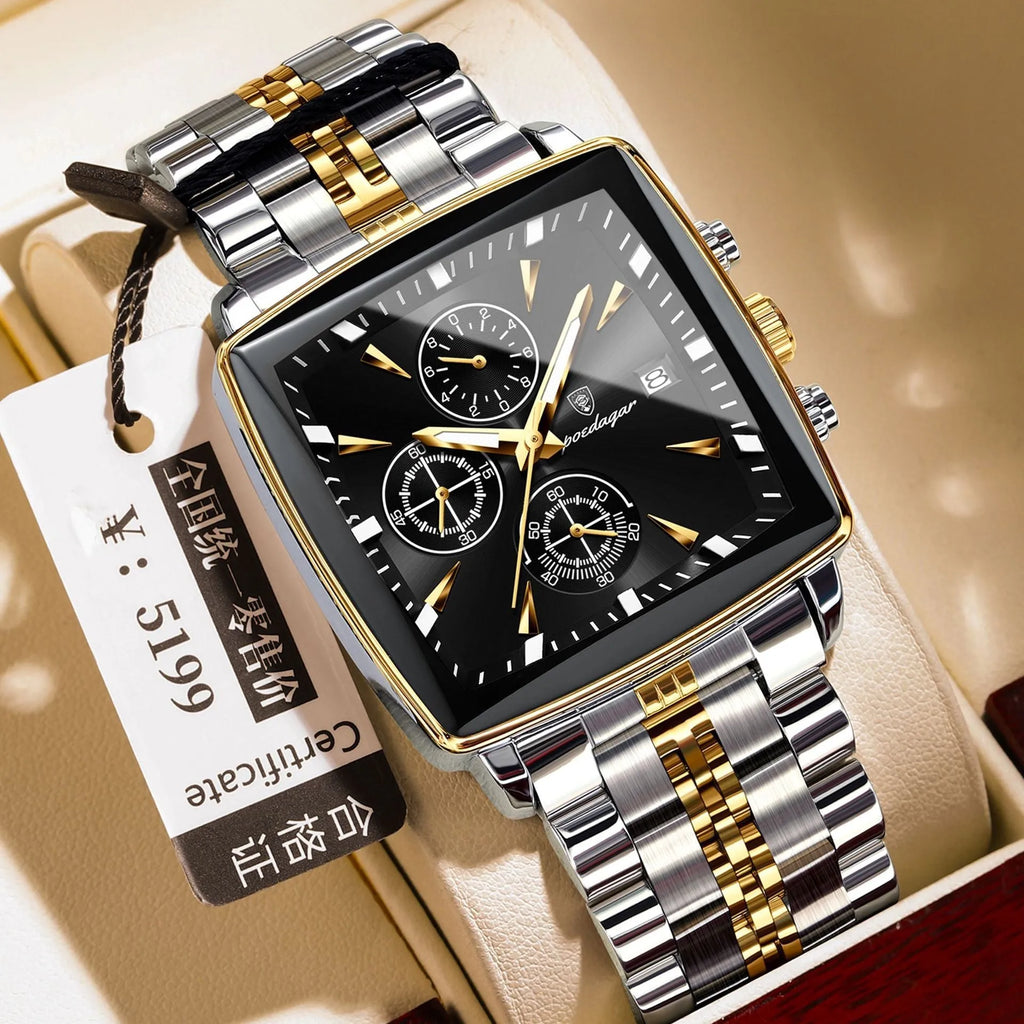 Square faced men's business watch with stainless steel strap in one of ten colour options.