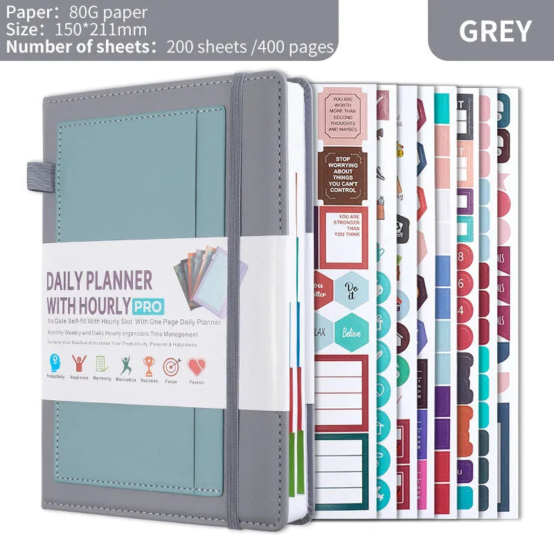 Creative trend notebook with PU cover, open to show undated strap and wood-free paper, with colour options displayed.