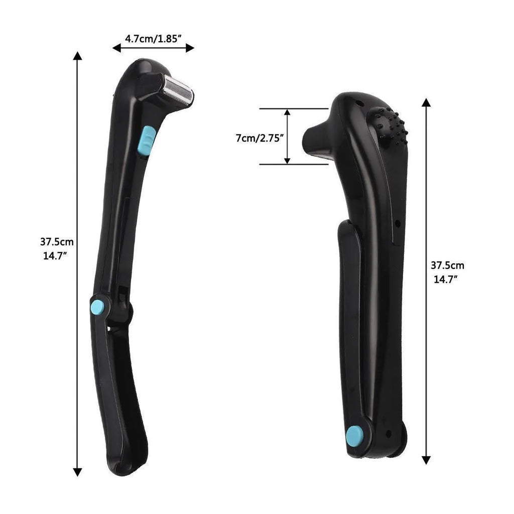 Black folding body electric shaver for personal grooming, shown in open and closed positions.