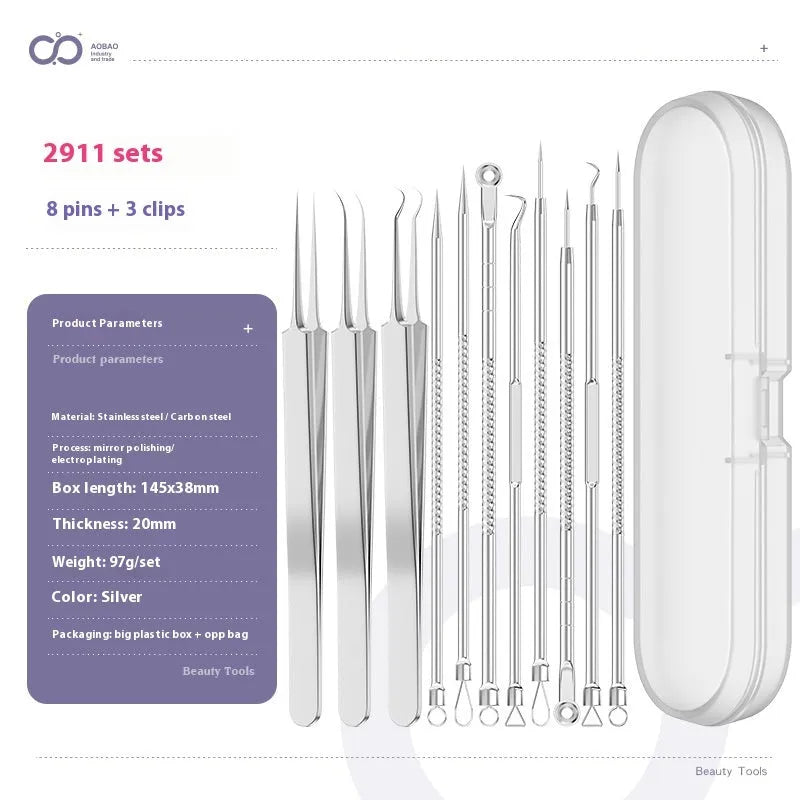 4-piece metal acne needle set with ultra fine pointed tips on silver background