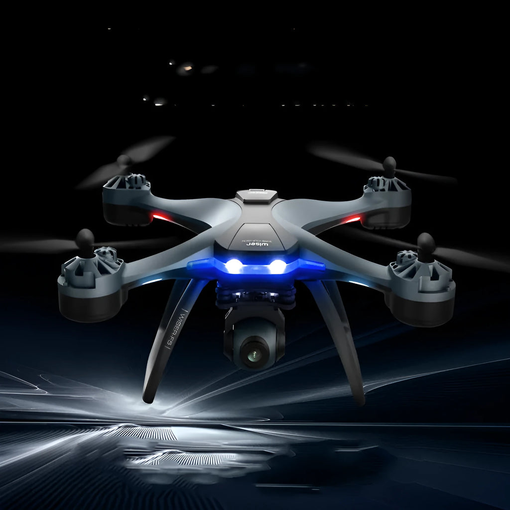 White plastic quadrocopter drone with four rotors, a dual camera system on the front, and blue propeller guards.