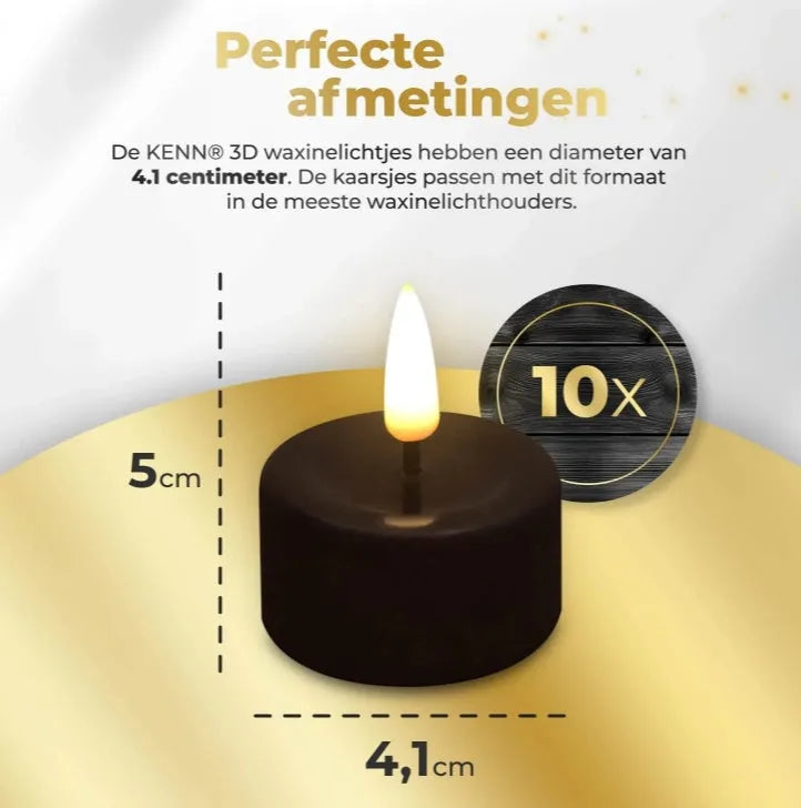 Black S10 LED tealight candles showing realistic flickering warm white glow for decorative lighting