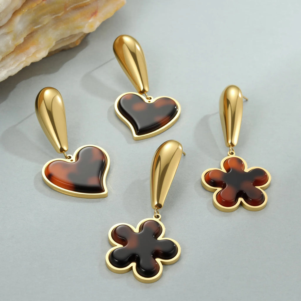 Tortoiseshell resin geometric earrings with 18K gold electroplating on stainless steel