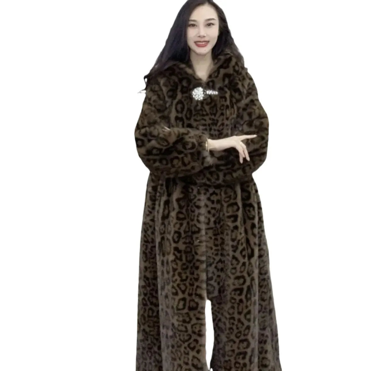 Brown leopard print plus size faux fur coat with 100cm length on female model