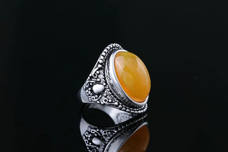 Retro geometric alloy ring with fluorescent beeswax accents and antique silver electroplating
