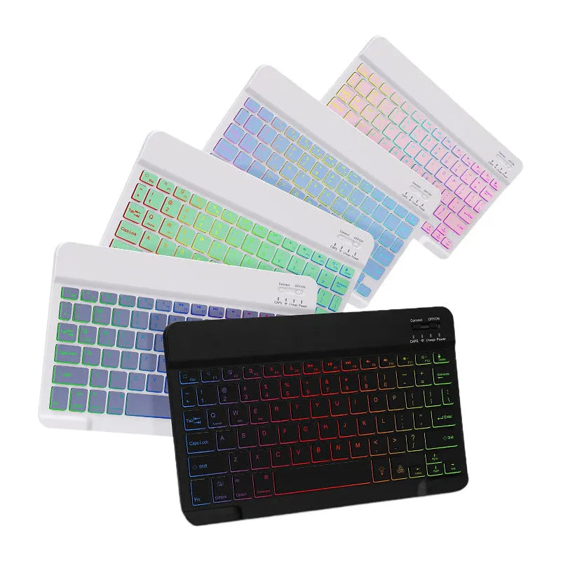 iPad leather protective case with integrated luminous RGB backlit Bluetooth keyboard and stand in multiple colour options.