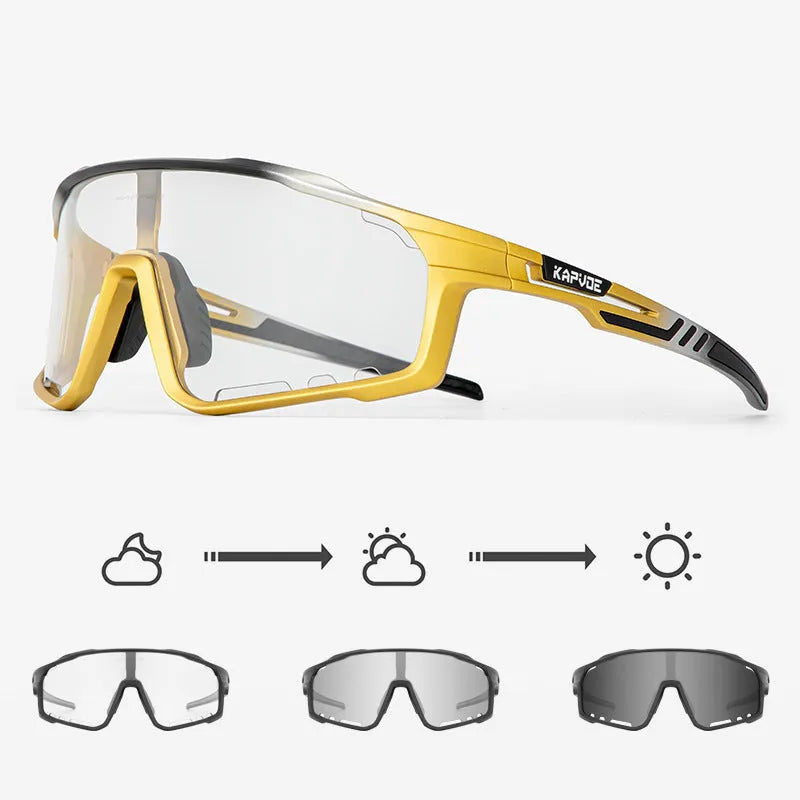Photochromic cycling sunglasses with a semi-rimless TR90 frame in one of fourteen colour options.