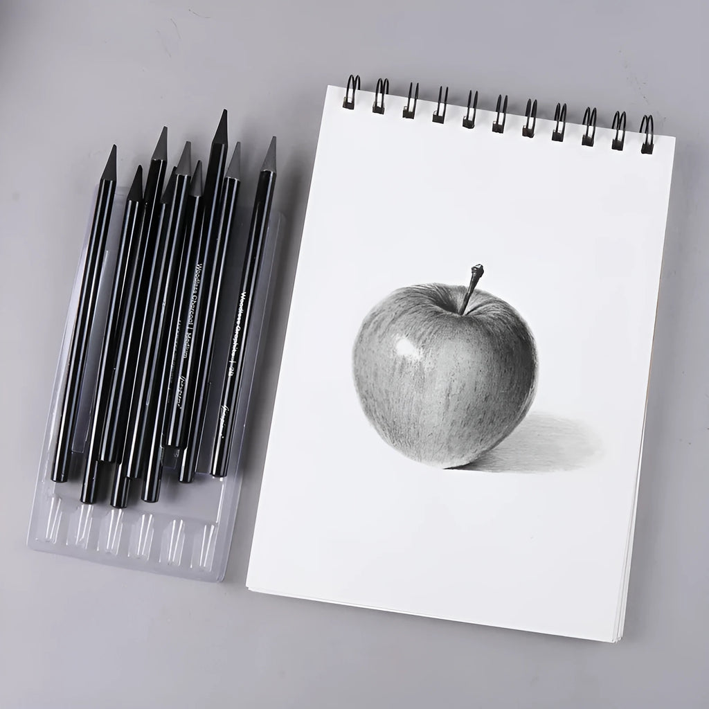 Set of 6 graphite and 3 carbonized drawing pencils on suction card packaging with wooden shell