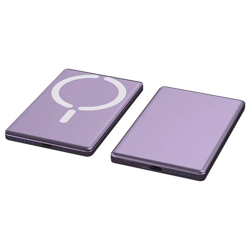 Ultra-thin magnetic power bank in black, dark grey, silver, or violet alloy casing