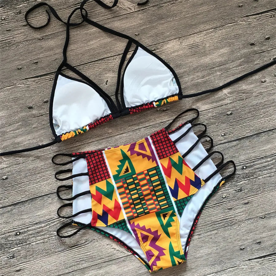 Women's digital print split bikini swimsuit with high-waisted briefs and backless top