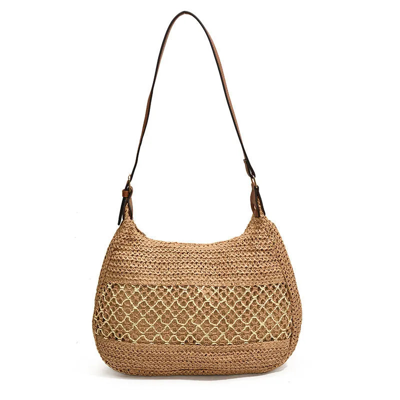 Women's straw cross body bag in horizontal square shape with sandwich pocket