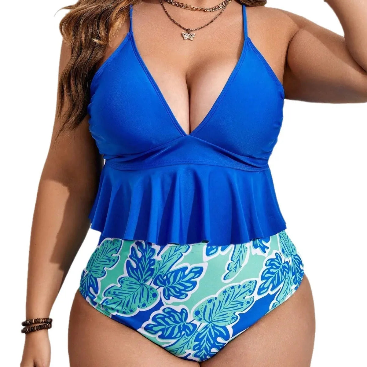 Blue polyester bikini swimwear set with separate top and shorts in European and American sizes