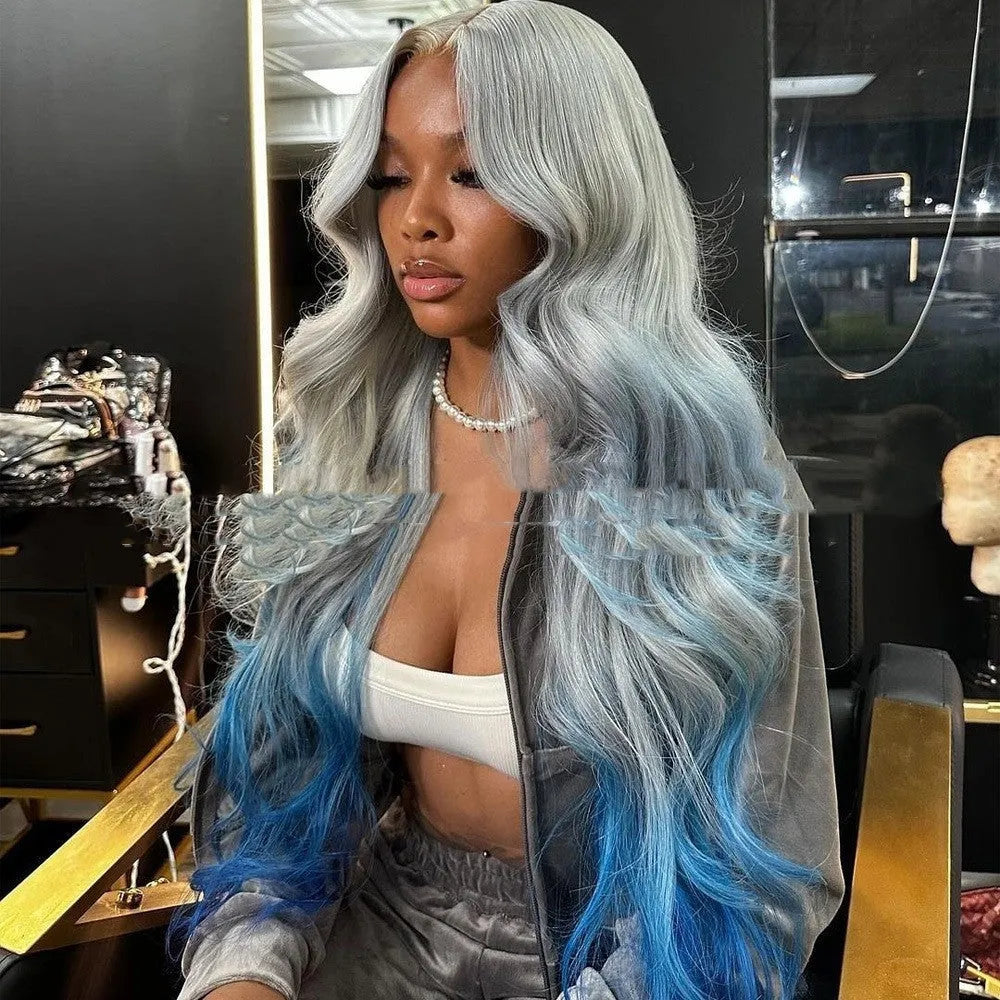 Grey blue gradient human hair headgear wig in Ruili style on a display stand.