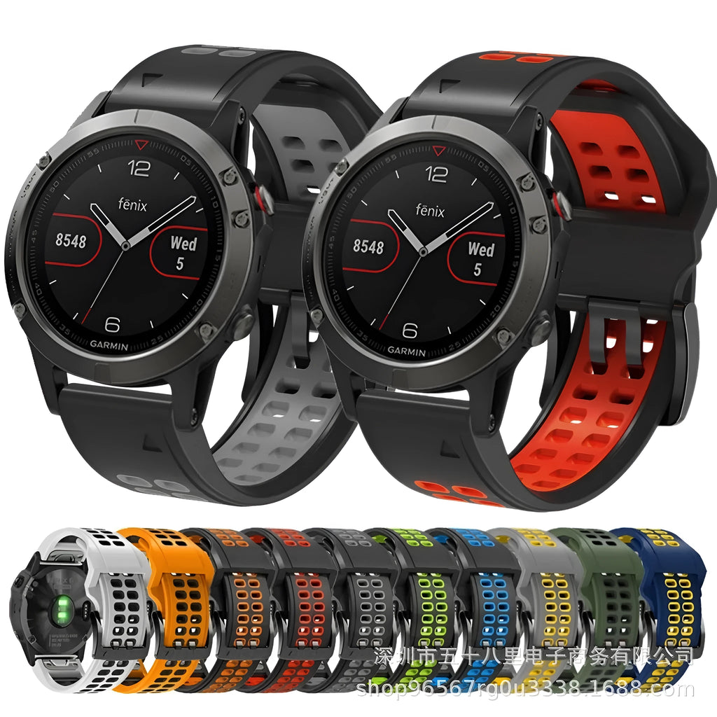 Quick release double-row hole silicone watch strap in black and orange colour on a sports watch.