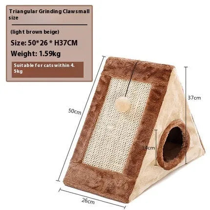 Triangular cat bed with fur covering in gray white or light brown beige colors featuring a scratching surface