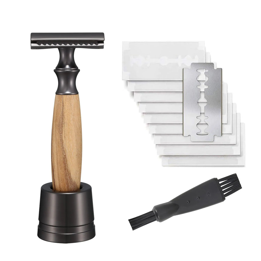 Men's copper manual shaving razor with Olivewood handle and aluminium alloy components