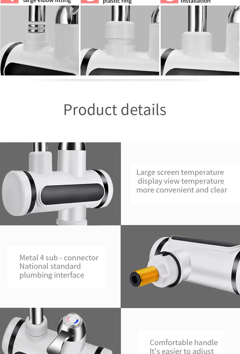 White kitchen instant electric water heater tap with digital temperature display and power cord.