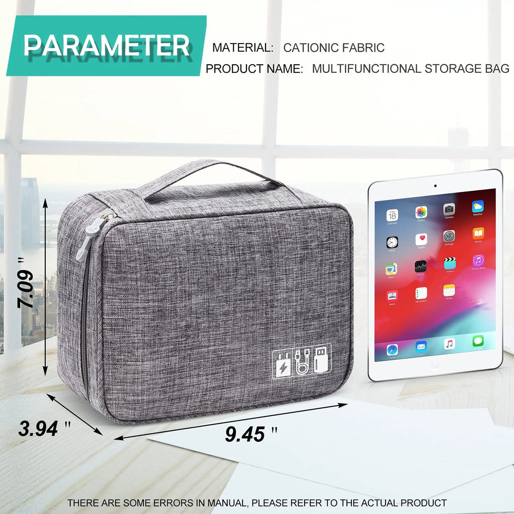 Black waterproof electronics organiser case open, showing mesh pockets, elastic loops, and removable padded dividers inside.