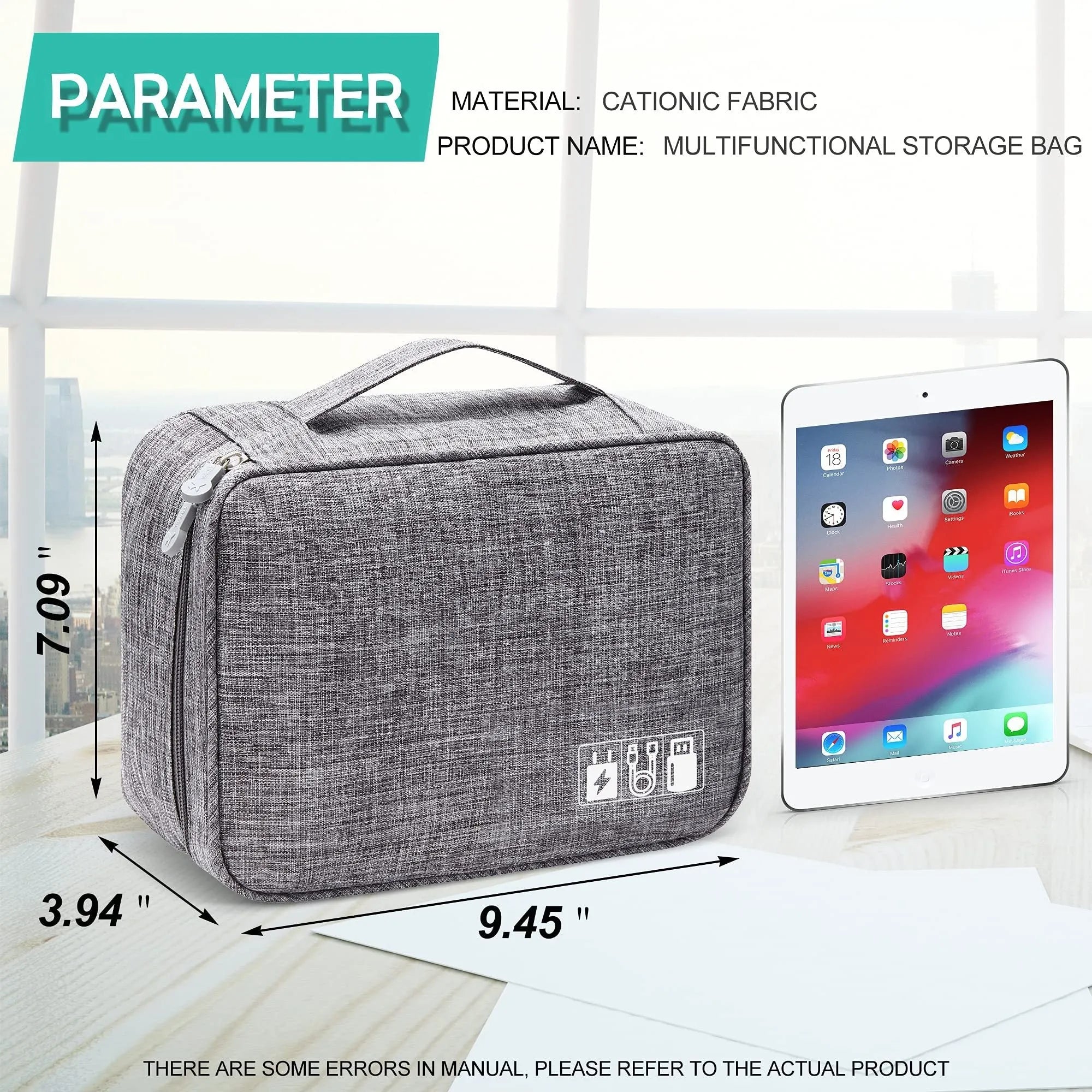 Black waterproof electronics organiser case open, showing mesh pockets, elastic loops, and removable padded dividers inside.
