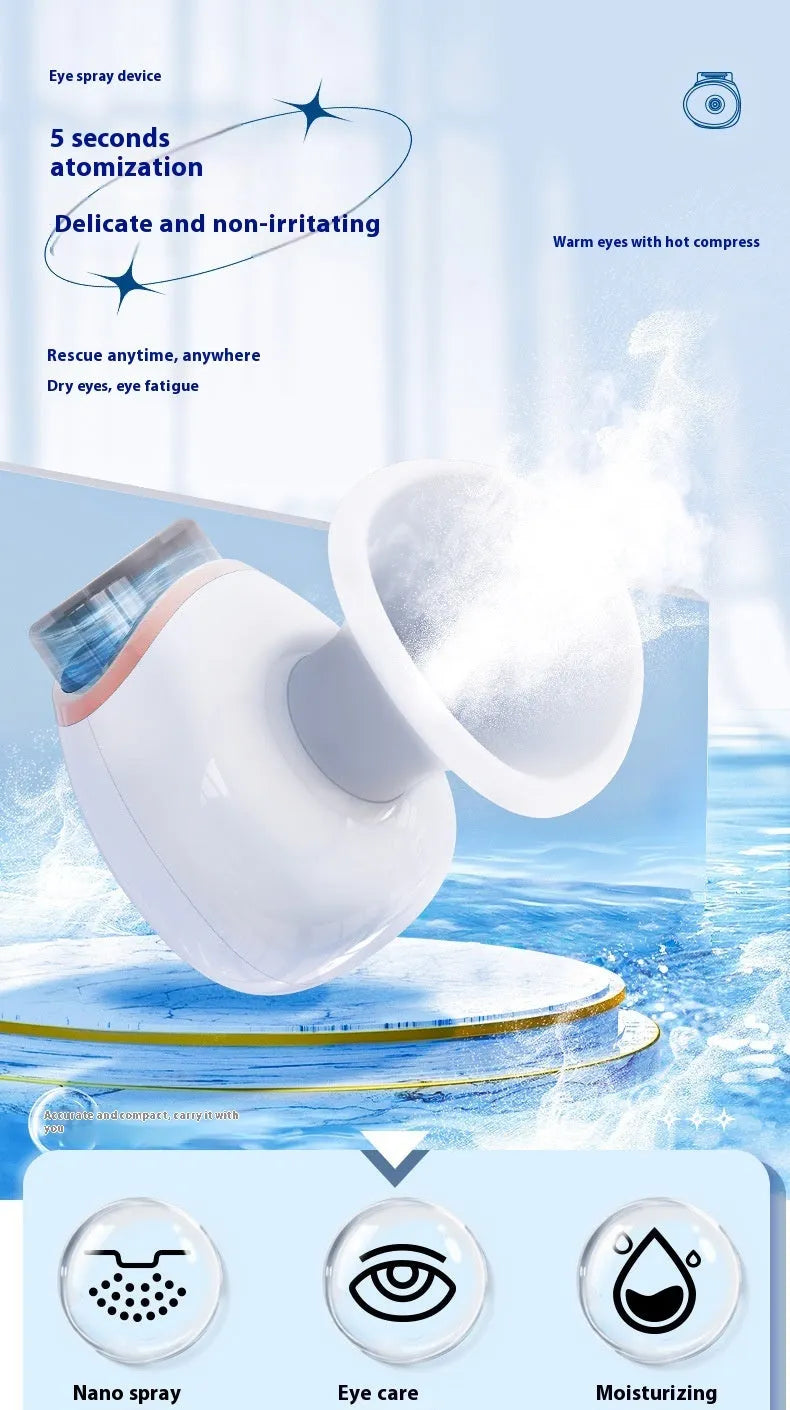 White and purple household eye humidifier with charging cable on desktop