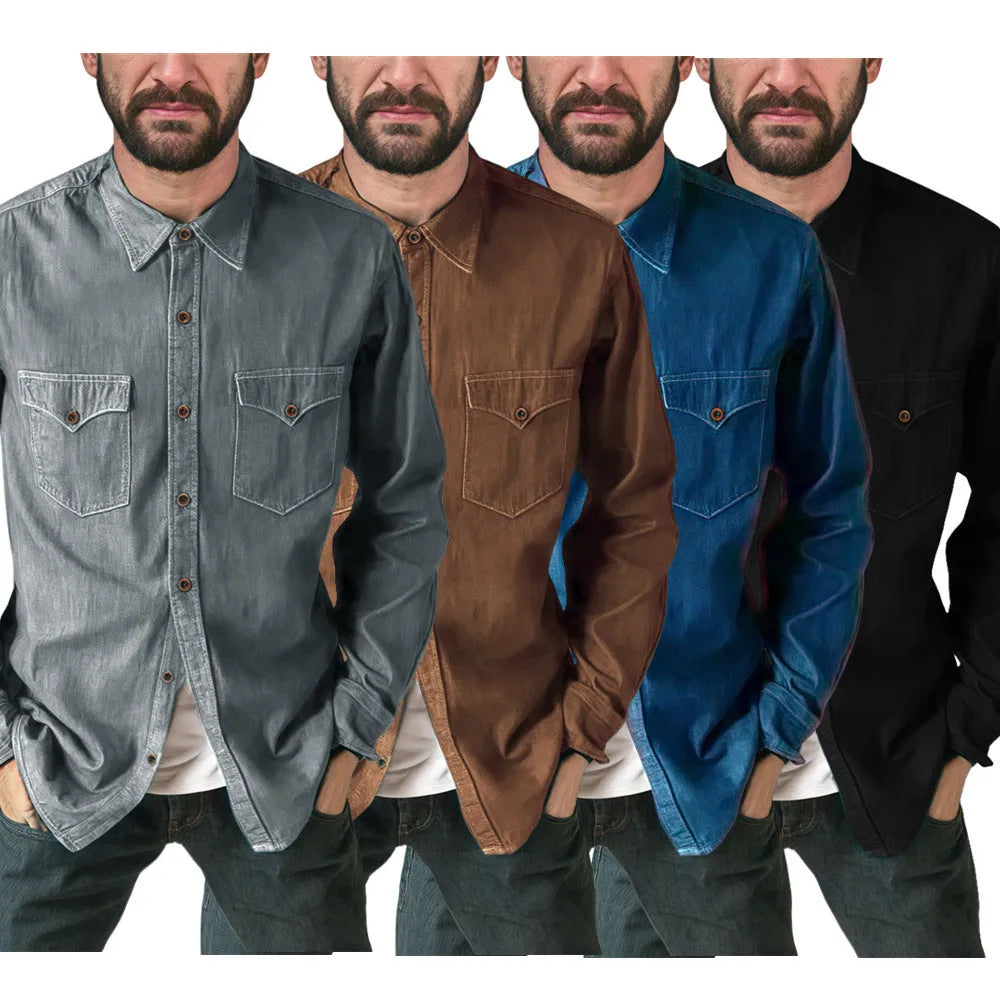 Men's regular fit denim cardigan coat in khaki on a hanger